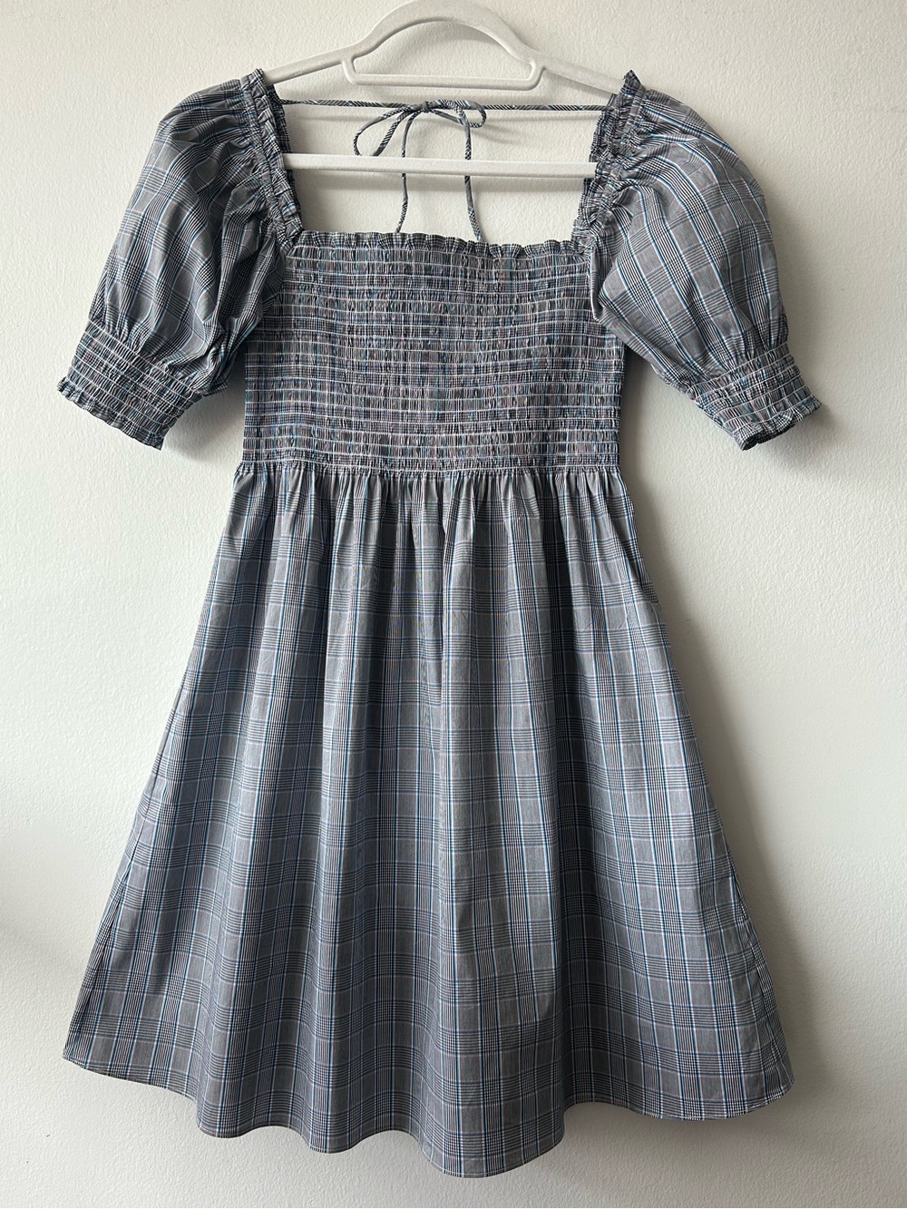 Hill House Athena Nap Dress Grey Tai Check Smocked Bodice Puff Sleeves